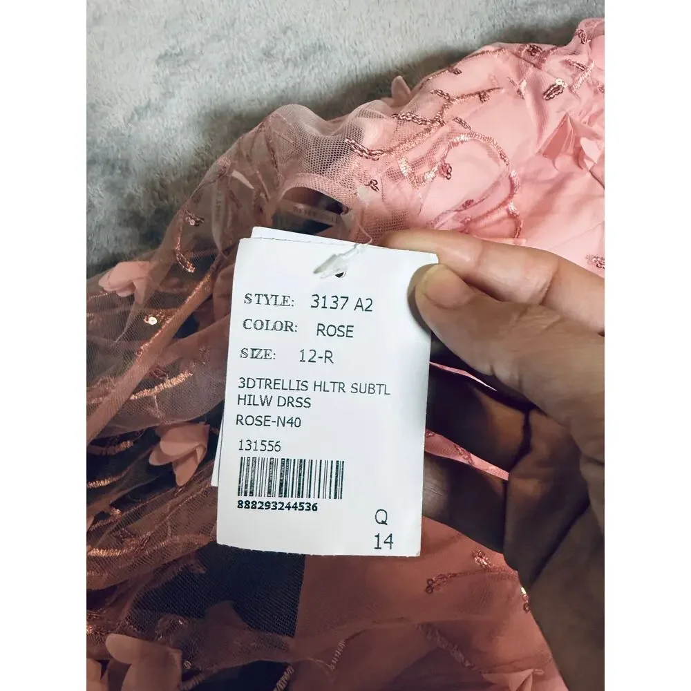 NWT Dessy SHEER HALTER NECK 3D FLORAL EMBROIDERED DRESS HIGH-LOW HEM Pink SZ 12 - Picture 6 of 12